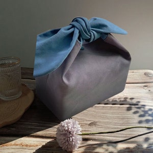 Sac à lunch sac à bento, sac à lunch en coton zéro déchet, cadeau mignon pour boîte à lunch isotherme de style japonais en tissu, cadeau de Noël adulte bleu gris