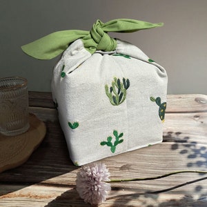 Sac à bento isotherme avec cactus brodé avec nom personnalisé, zéro déchet, boîte à lunch écologique en tissu, cadeau scolaire pour elle