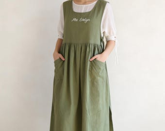 Embroidered Apron Dress For Women, Vintage Japanese Side-Tie Apron, Pinafore Apron with Pockets, Cotton Cooking Gardening Apron for Mom