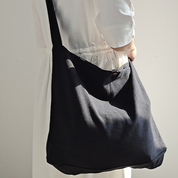 Custom logo Crossbody bag, black cotton linen school bag, market bag, tote bag,shopping bag ，travel bag，beach bag-Handmade, limited