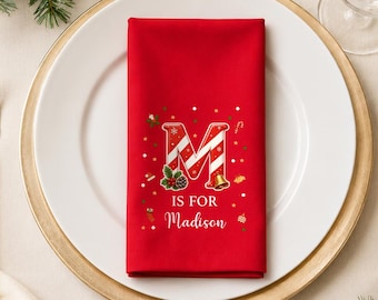 Personalized Christmas Napkins, Initial Names Napkin, Holiday Wedding Party Table Decor, Lunch Napkins, Hostess Gift for Family & Friends