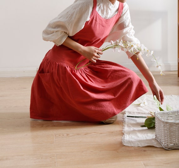AM_ Women Cotton Linen Bib Apron Sleeveless negligee Home Cooking Florist Dress 