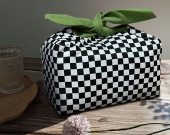 Custom Name black and white plaid insulated  lunch bag bento bag, zero waste , Eco Friendly  lunch box cloth School Gift for  women