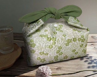 Custom Name Green flowers insulated lunch bag bento bag, zero waste , Eco Friendly  lunch box cloth School Gift for  women