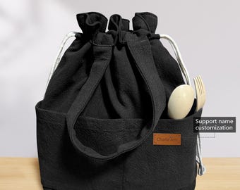 Name Custom Insulated Lunch Bag with drawstring closure, Travel Bag, Organizer Bag for Women or Men Black