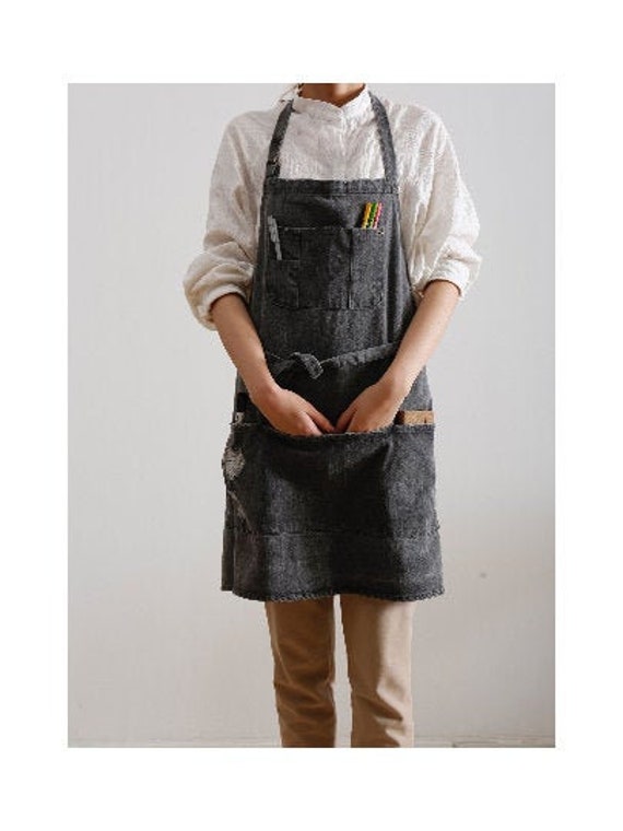 Denim apron in Dark Gray cotton fabric distress apron for | Etsy