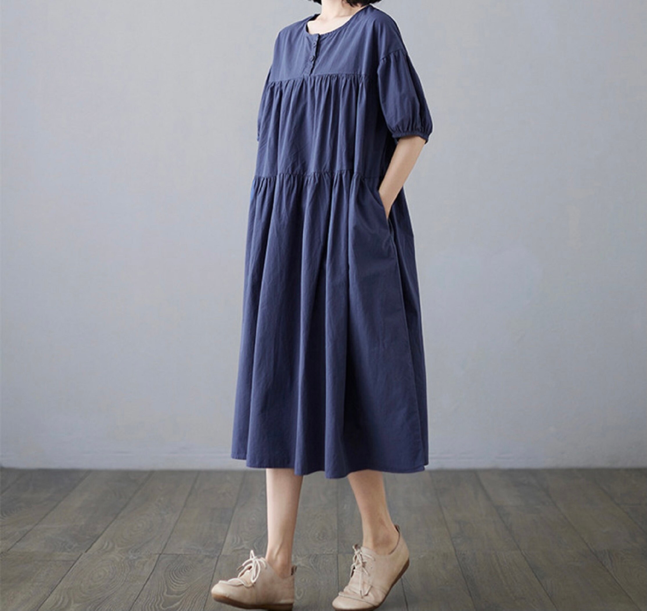 Navy blue cotton linen dress oversized with slant pocket | Etsy