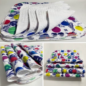 Multi-use Soft Paperless kitchen towelsZero waste, Printed Fabric with Triple Gauze Cloth Towels , Set of 12 Happy Fruits image 2