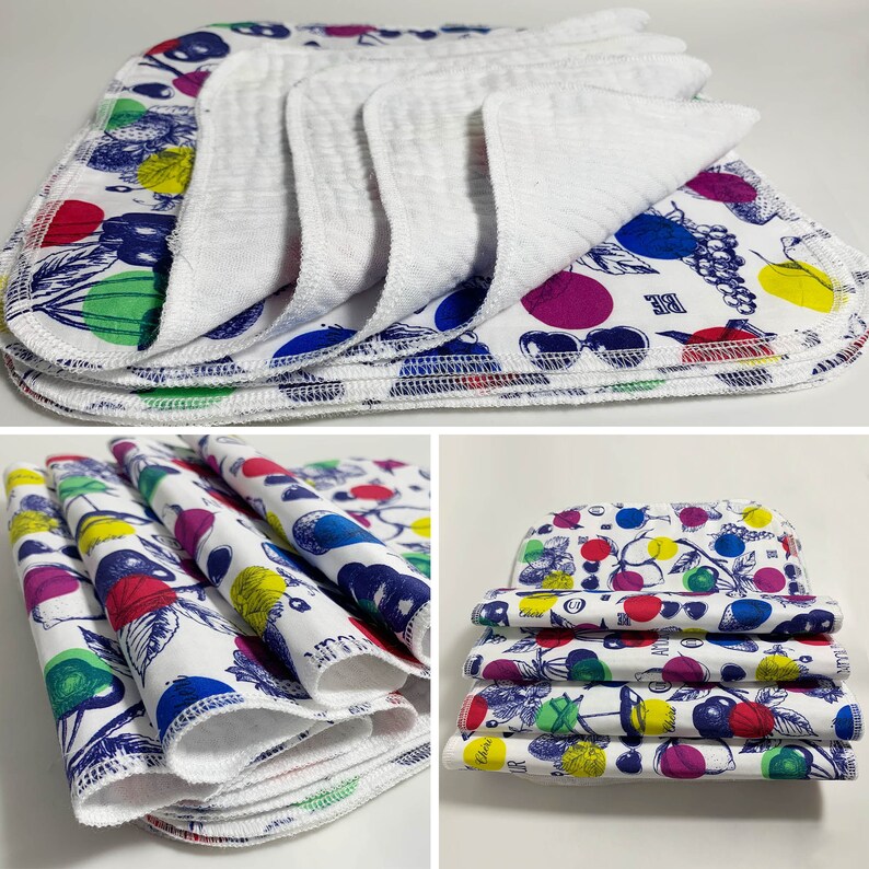 Multi-use Soft Paperless kitchen towelsZero waste, Printed Fabric with Triple Gauze Cloth Towels , Set of 12 Happy Fruits image 2