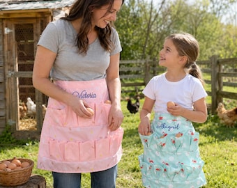 Personalized Embroidered Egg Gathering Apron, Custom Kids and Adult Half Apron with Pockets for Fresh Eggs, Gardening & Harvest Gift Idea
