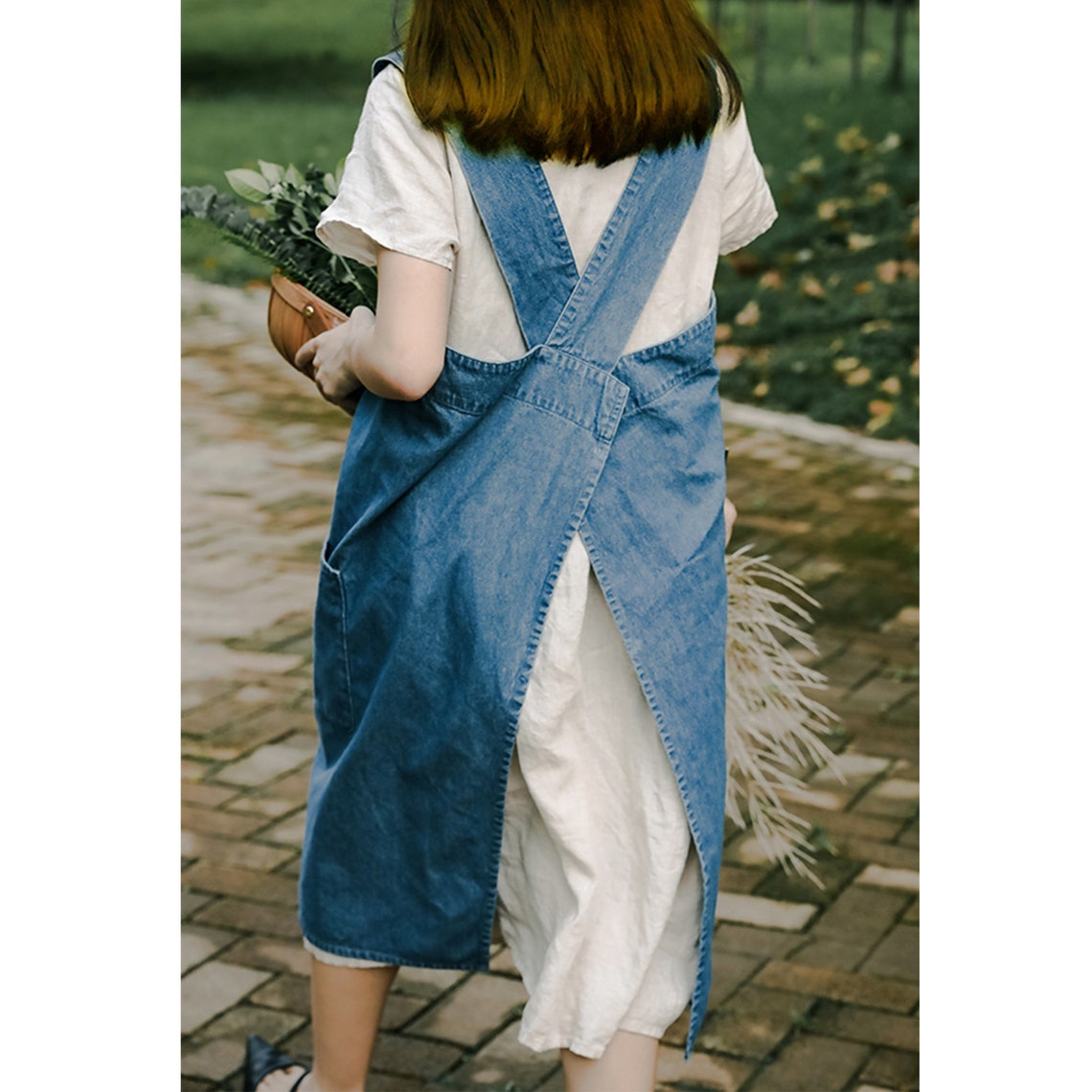 Blue Denim Cross Back Apron Dress No Ties Cotton Fabric Etsy