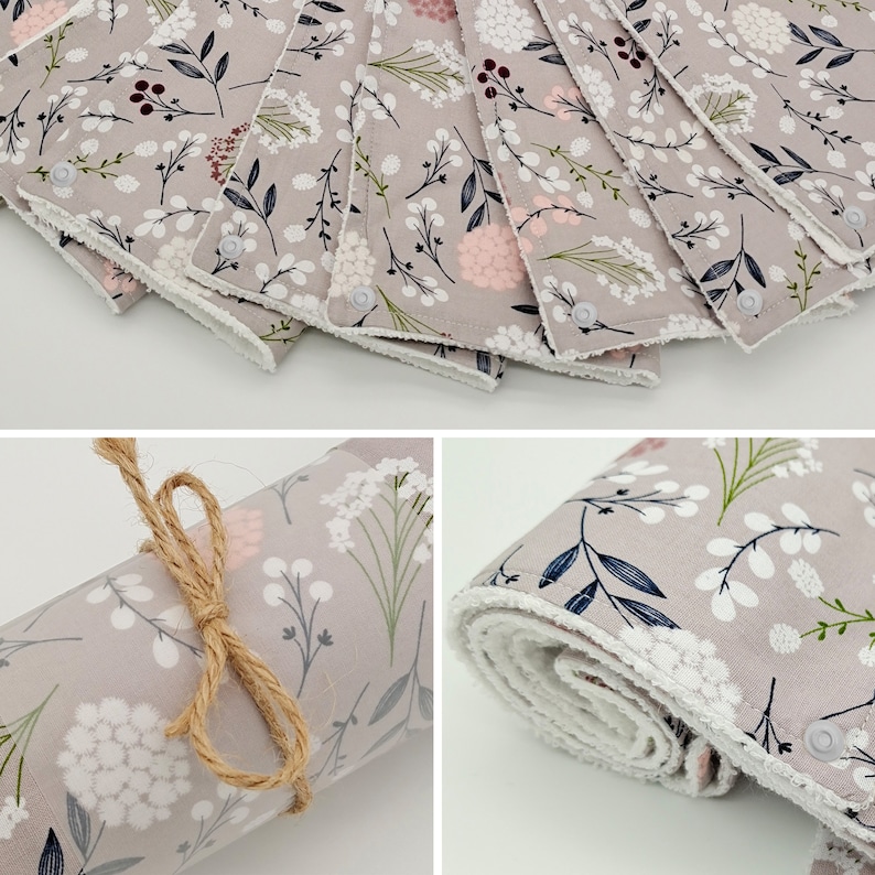 May include: A set of 10 gray fabric burp cloths with a white floral pattern and a white border. The cloths are soft and absorbent, making them ideal for wiping up spills and drool.