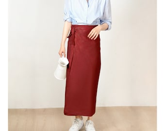 Custom Size Cotton linen wrap skirt, wrap around skirt,high waisted skirt,Custom Size, wrap midi skirt,Full length skirt, Wine Red