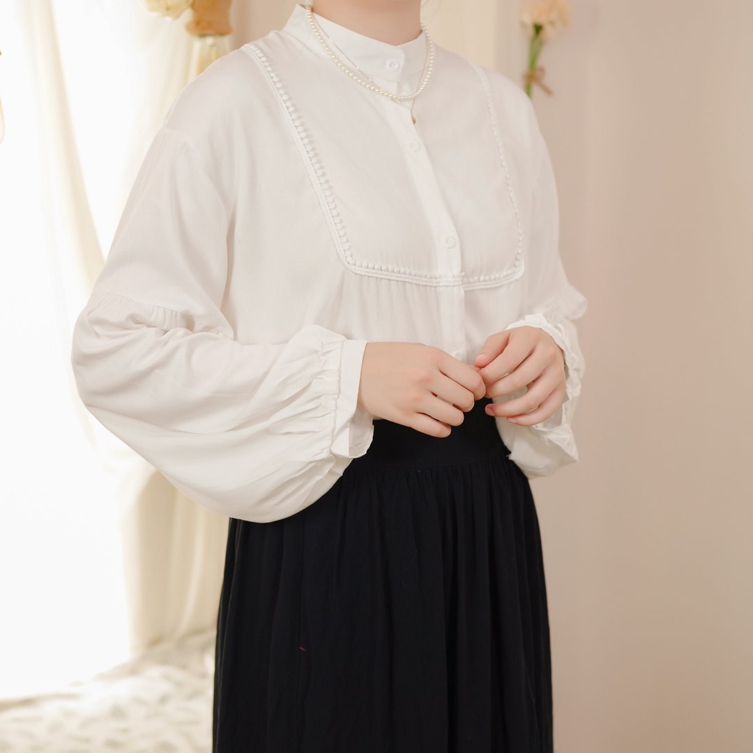 White Lantern Sleeve Blouse, Cotton Satin Shirt Lantern Sleeve Shirt, Fashion Blouse, Elegant Shirt，Match Apron