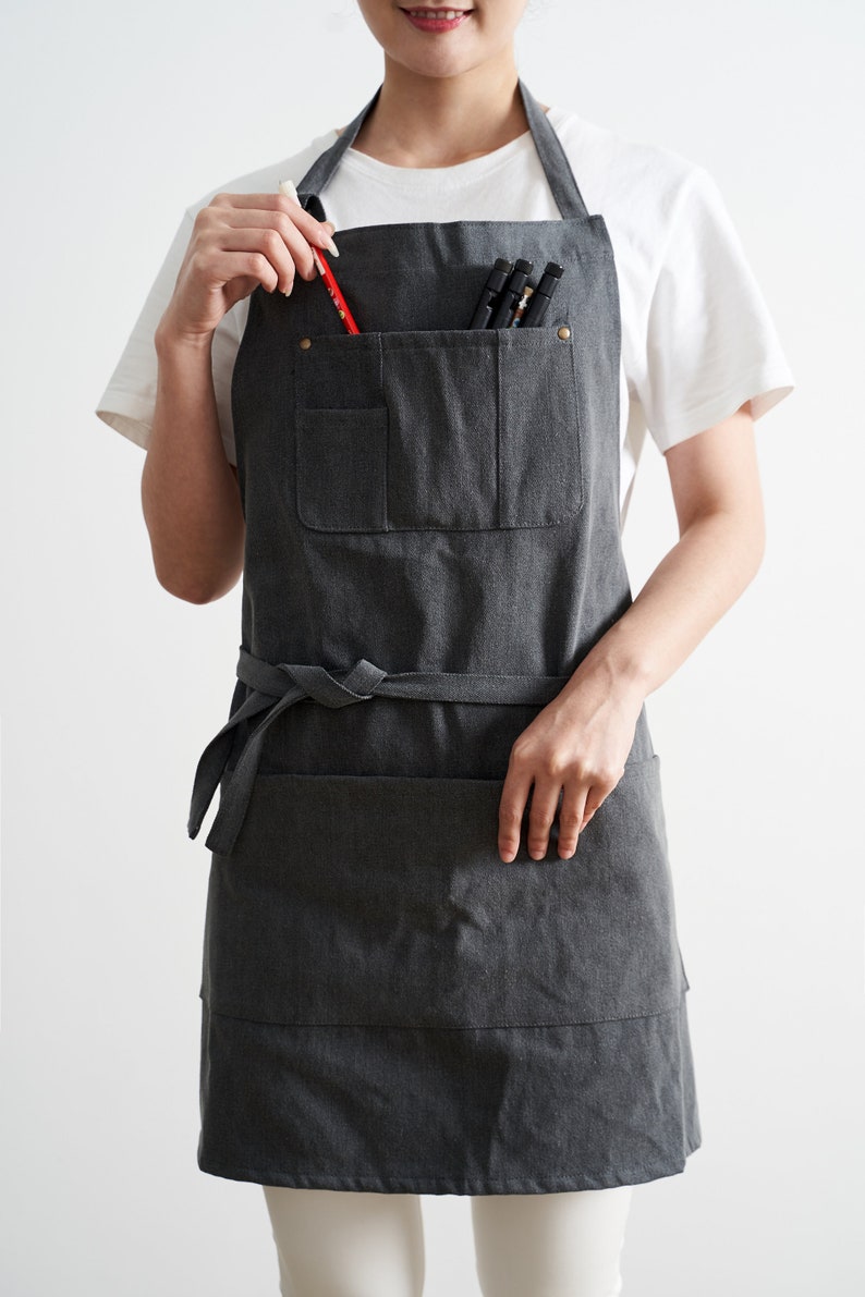 Custom logo No Distress Denim apron in Dark Gray cotton fabric, apron for adults, cotton fabric apron. adjustable neck strapgift for father image 2