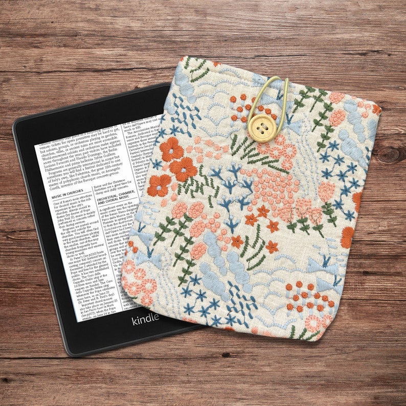 Embroidered flowers Kindle Sleeve, Padded Book Sleeve, Book PouchKindle Paperwhite Case, Kindle Oasis Cover, iPad Sleeve, Cute Book Sleeve image 1