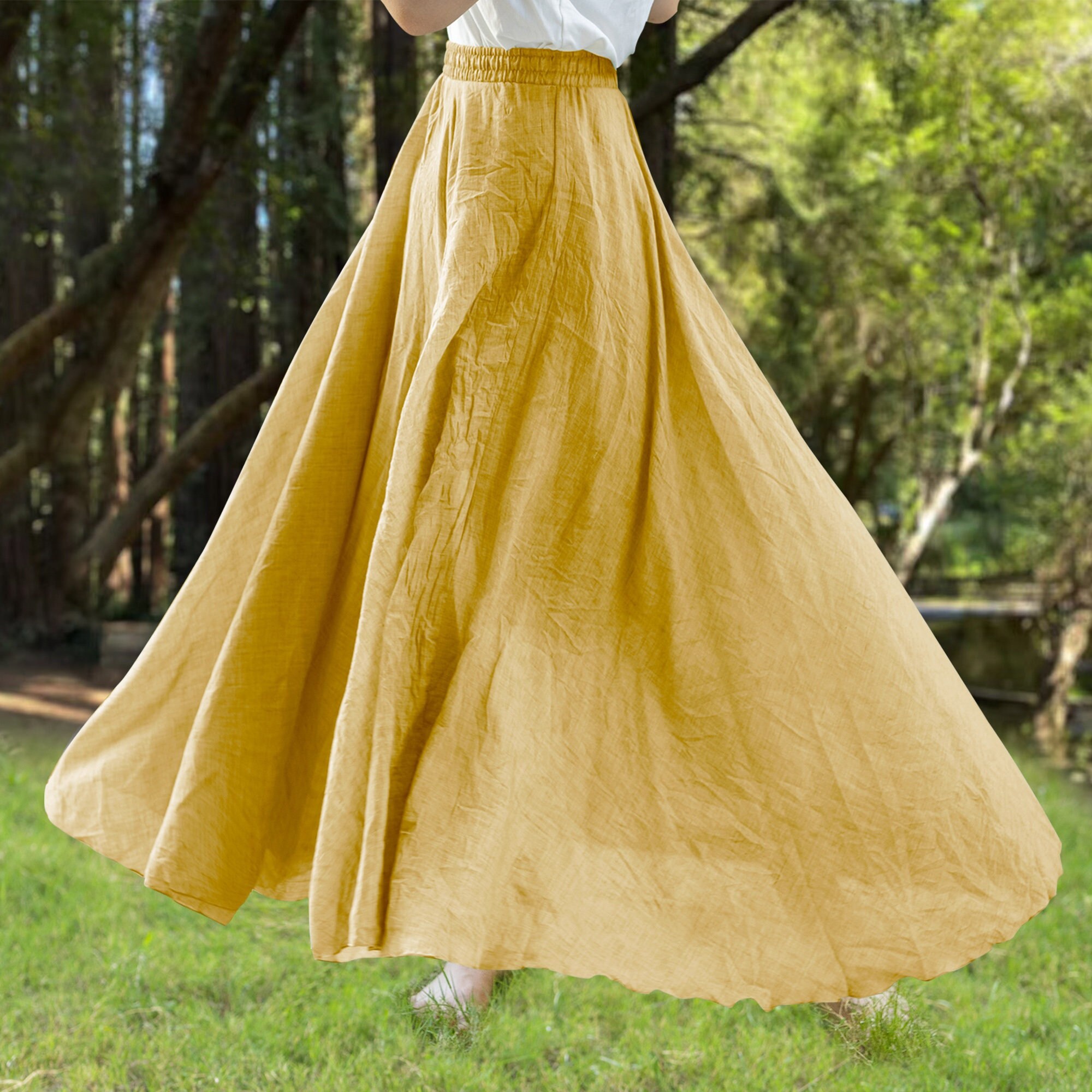 Custom Size Cotton Yellow Linen Skirt Soft and Flowing Linen