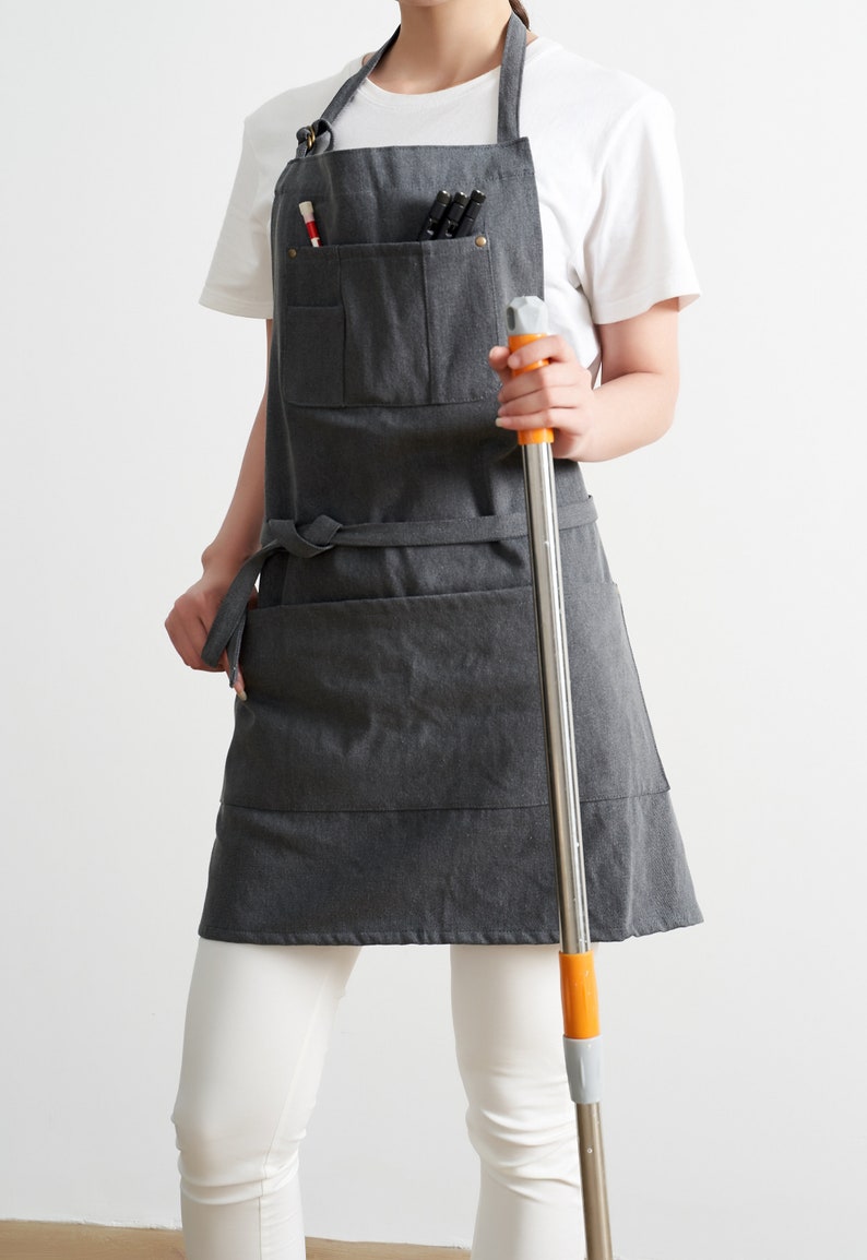 Custom logo No Distress Denim apron in Dark Gray cotton fabric, apron for adults, cotton fabric apron. adjustable neck strapgift for father image 6