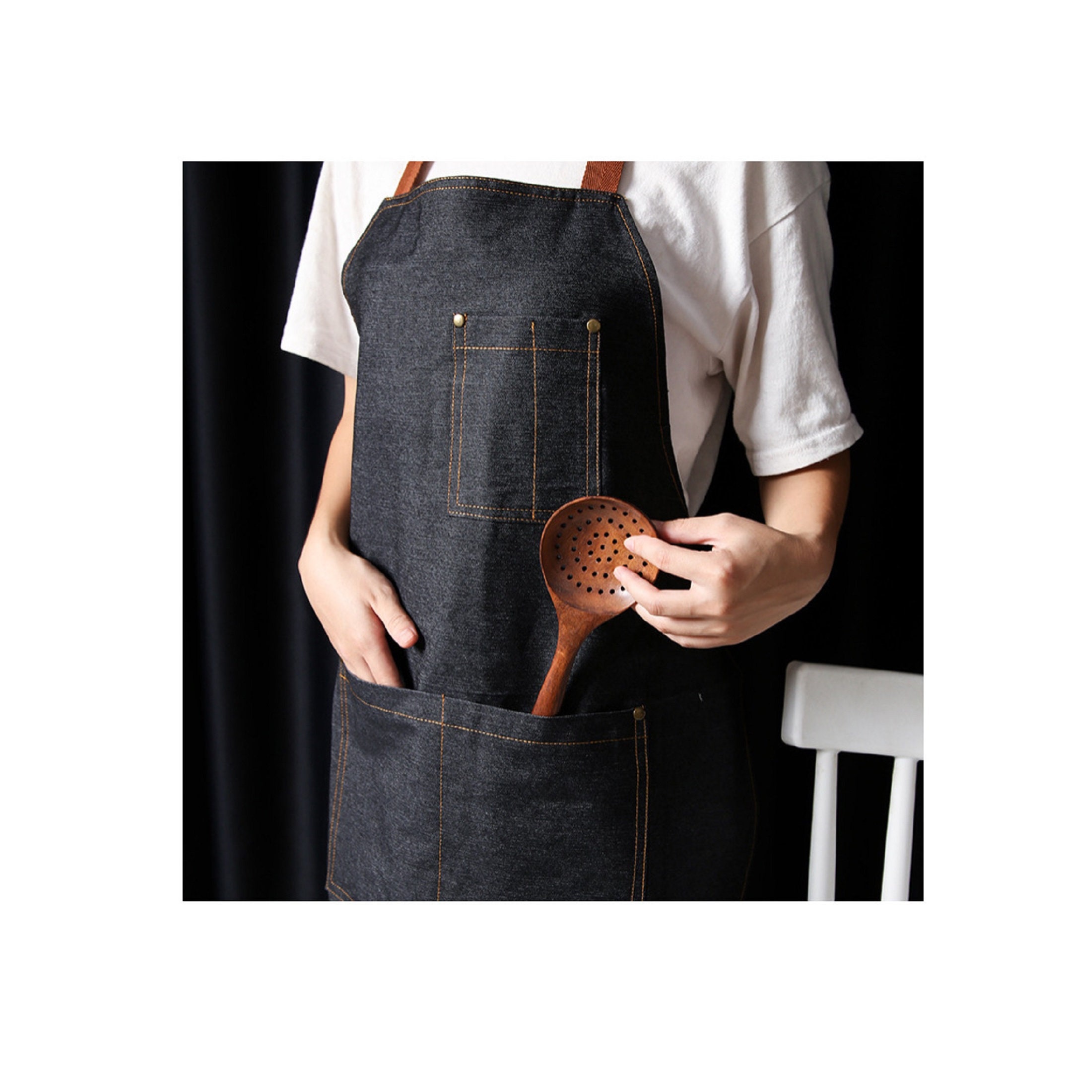 Denim apron in black thick cotton for adults, cotton fabric. adjustab…