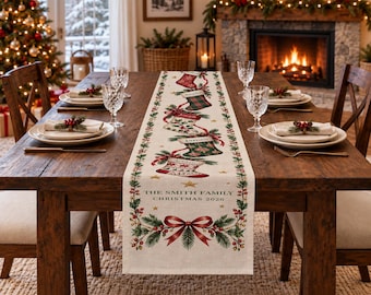 Personalized Christmas Table Runner, Custom Family Name Holiday Dining Decor, Xmas Stocking Table Runner, Christmas Dinner Tablecloth 2026