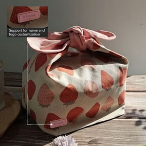 Custom Name Strawberry Reusable lunch bag bento bag, zero waste , Eco Friendly lunch box cloth School Gift for Kids women christmas gift image 2
