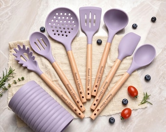 Personalized Kitchen Utensil Set, 7-Piece Engraved Baking Tool with Storage Holder, Kitchen Gifts for Mom, Chef Gift, Housewarming Gift