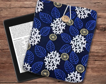 Embroidered blue flowers Kindle Sleeve, Padded Book Sleeve, Book Pouch Kindle Paperwhite Case, Kindle Oasis Cover, IPad Sleeve