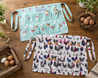 Custom Kids and Adult Half Apron with Pockets for Fresh Eggs, Personalized Embroidered Egg Gathering Apron, Gardening & Harvest Gift Idea