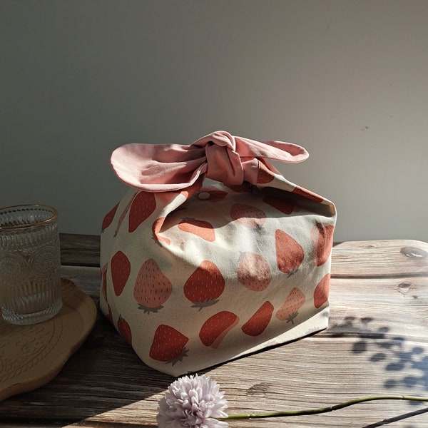 Sac à bento isotherme aux fraises avec nom personnalisé, zéro déchet, cadeau d'école en tissu pour boîte à lunch respectueux de l'environnement pour enfants, cadeau de Noël pour femmes