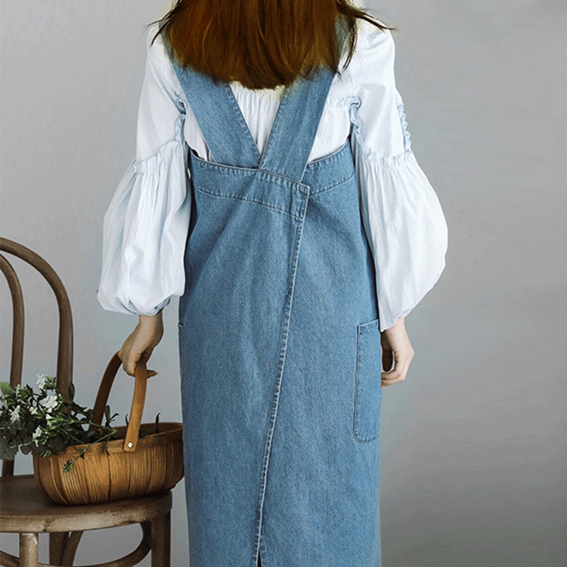 Blue Denim Cross Back Apron Dress No Ties Cotton Fabric Etsy