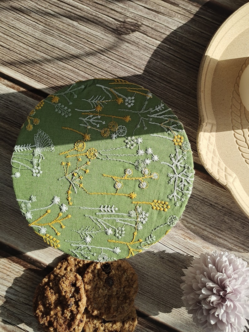 Reusable Bowl Covers Bread Proofing Cover Bread Baking Supplies, Washable Zero Waste Swap, Christmas Gift housewarming Embroidery style Green dandelion