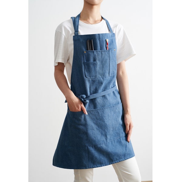 Custom logo No distress Blue denim apron, short apron for adults with front pockets, hairdresser apron, adult apron