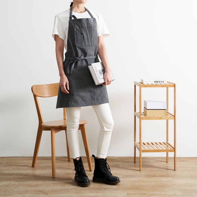 Custom logo No Distress Denim apron in Dark Gray cotton fabric, apron for adults, cotton fabric apron. adjustable neck strapgift for father image 1