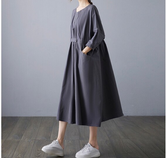 Dark Grey Cotton Linen Dress Oversized Great Choice Handmade | Etsy