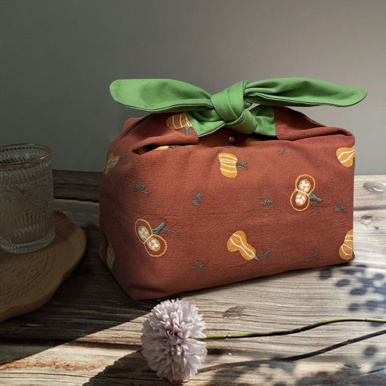 Custom Name Pumpkin Reusable lunch bag bento bag, zero waste , Eco Friendly lunch box cloth School Gift for women image 1