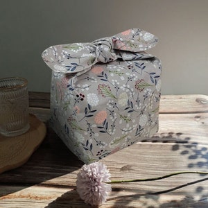 Sac à bento personnalisé avec nom, sac à lunch en coton zéro déchet, tissu isotherme pour boîte à lunch — Cadeau de Noël pissenlit gris