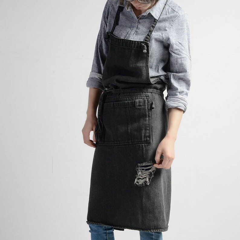 Black apron 100 Cotton Thick Denim fabric apron barista Etsy