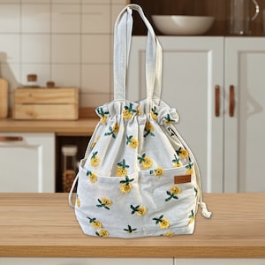 Name benutzerdefinierte gefütterte Lunch Tasche mit Kordelzugverschluss, Reisetasche, Organizer Tasche gesticktes Gänseblümchen Handtaschengeschenk für sie