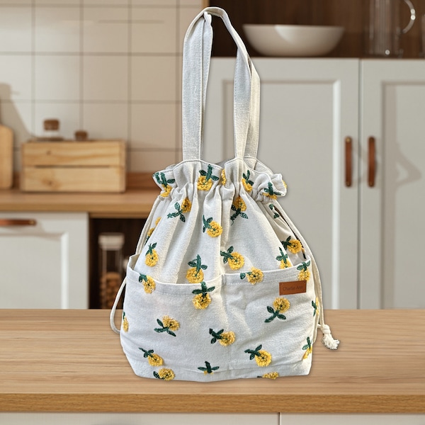 Nom Sac à lunch isotherme personnalisé avec cordon de serrage, sac de voyage, sac de rangement, sac à main marguerite brodée, cadeau pour elle