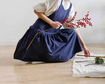 Dark blue linen and cotton full body apron for women, long apron, apron with pockets, cross back style, tie back apron, adult apron