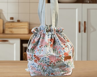 Name Custom Insulated Lunch Bag with drawstring closure, Organizer Bag  Embroidered flora Handbag Travel Bag gift for her