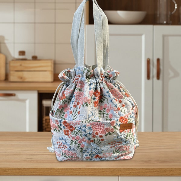 Nom Sac à lunch isotherme personnalisé avec cordon de serrage, sac organisateur Floral brodé sac à main sac de voyage cadeau pour elle