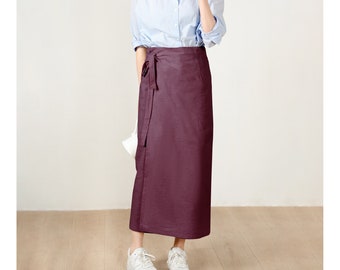 Custom Size Cotton linen wrap skirt, wrap around skirt,high waisted skirt,Custom Size, wrap midi skirt,Full length skirt, Red Purple