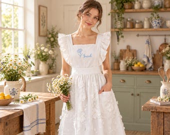 Embroidered Apron Dress for Women, Cotton Lace Ruffle Apron, Custom Birth Flower Garden Baking Apron, Unique Gift for Mom, Grandma, Hostess