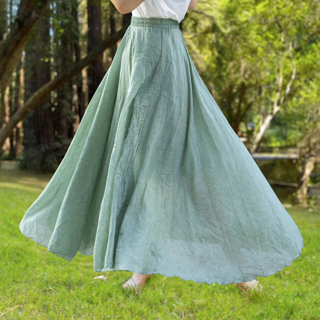 Womens Long Skirt Japanese Style Embroidery A Line Elastic Waist Cotton  Linen