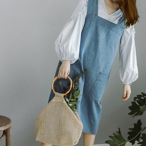 Blue Denim Cross Back Apron Dress No Ties Cotton Fabric Etsy