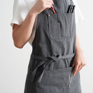 Custom logo No Distress Denim apron in Dark Gray cotton fabric, apron for adults, cotton fabric apron. adjustable neck strapgift for father image 4