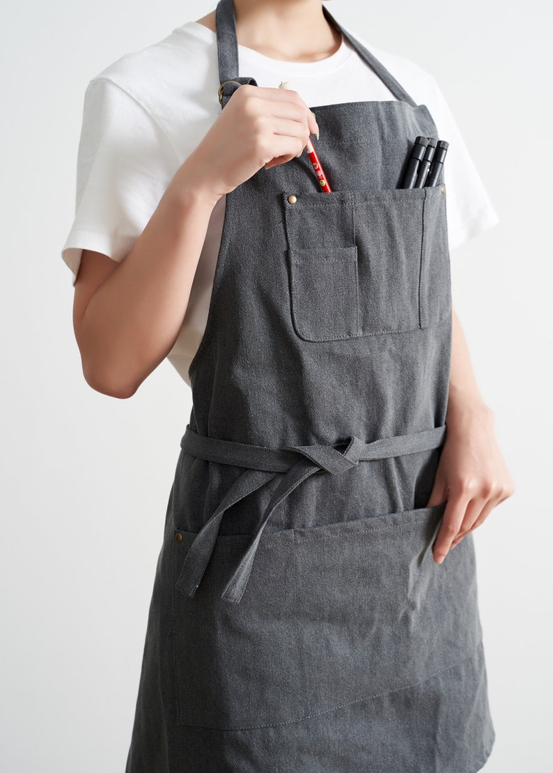 Custom logo No Distress Denim apron in Dark Gray cotton fabric, apron for adults, cotton fabric apron. adjustable neck strapgift for father image 4