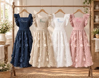 Custom Embroidered Apron Dress for Women, Birth Flower Garden Baking Apron, Cotton Lace Ruffle Apron, Xmas Gift for Mom, Grandma, Hostess