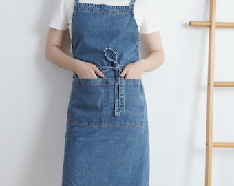 Custom logo Blue denim apron, back cross denim apron for adults with front pockets, hairdresser apron, adult apron